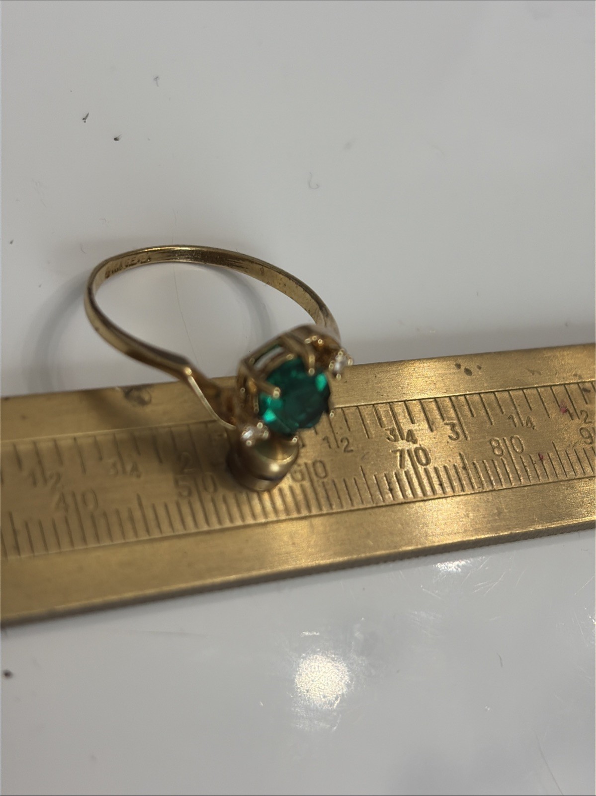Vintage Gold Filled Ring Green Glass & Rhinestones 8.75 Marked inside