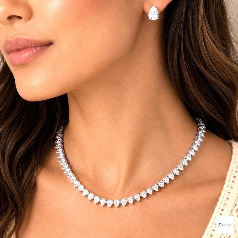 20TCW Pear Cut Lab Created Diamond Women’s Tennis Necklace 14k White Gold Plated