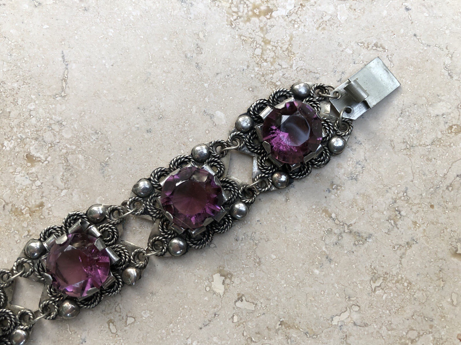🌟🍇Vintage MEXICO STERLING SILVER Purple Color Stones STATEMENT PANEL Bracelet