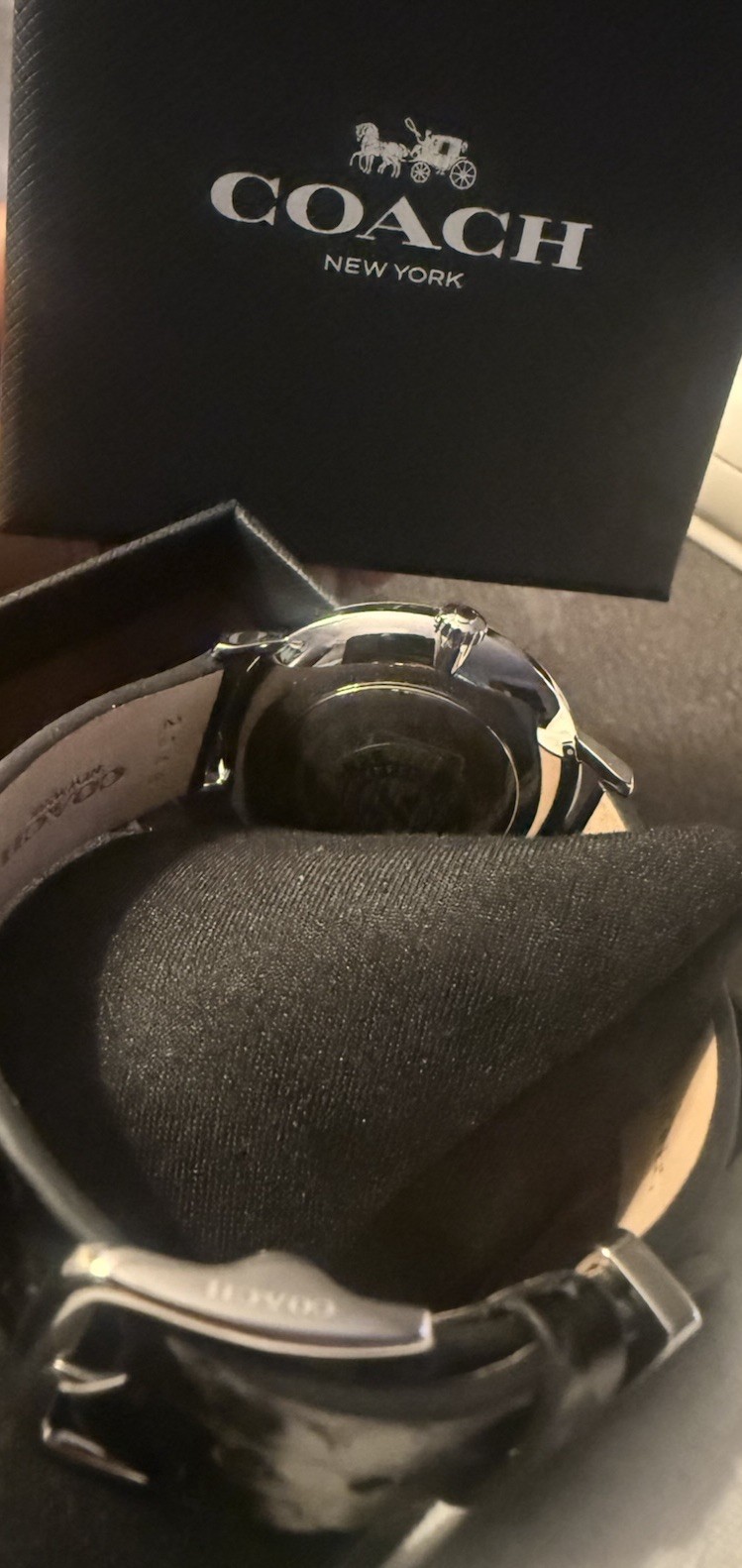 COACH Audrey Silver 36mm White Dial w/Crystals & Black Band Quartz Lady’s Watch