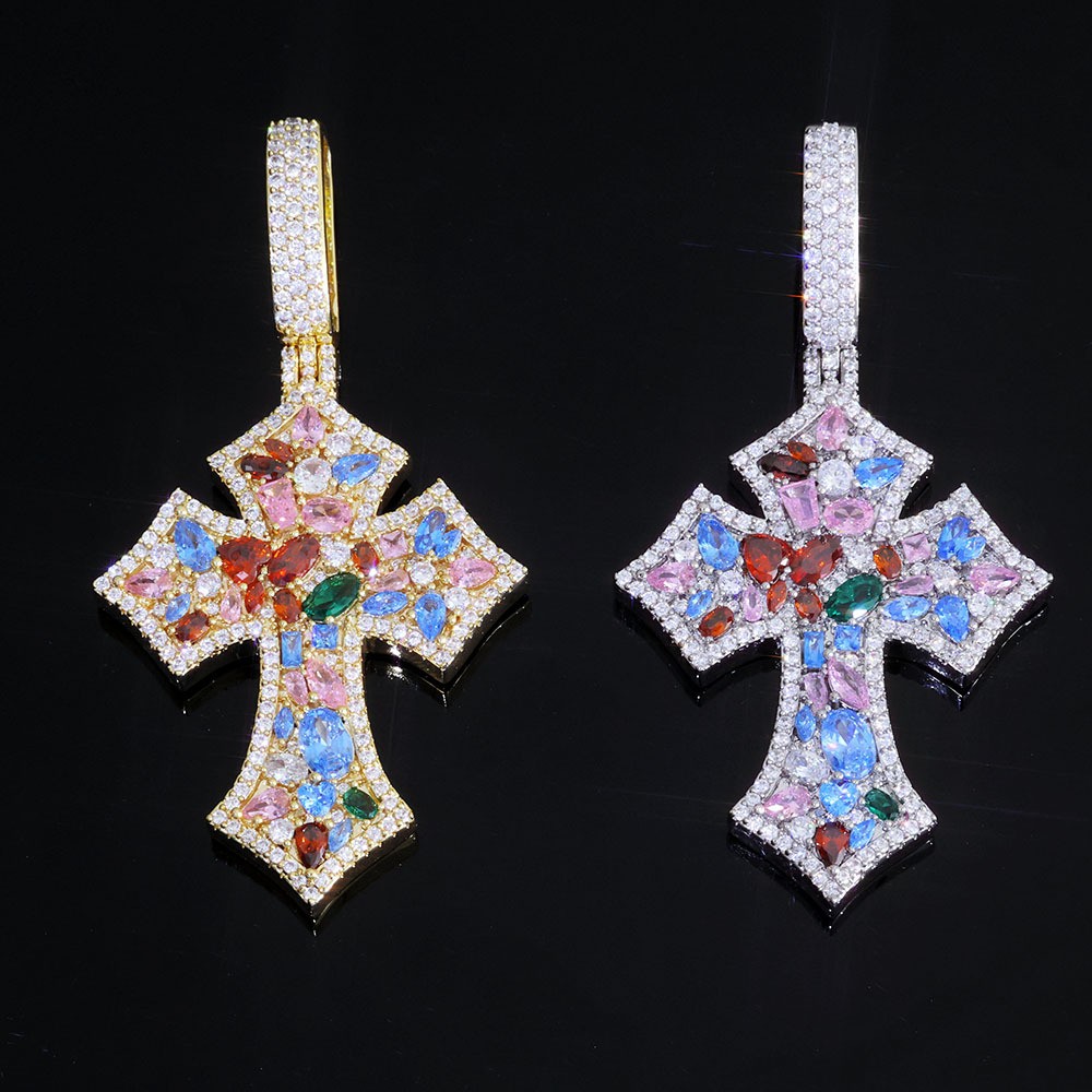 Mens Women Cross Pendant Gold Plated Colorful CZ Pendant Chain Gift Hip Hip