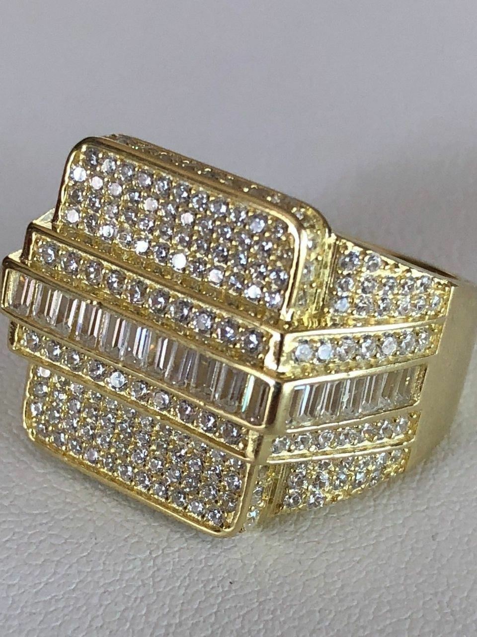Men’s Hip Hop REAL ICY Solid 925 Silver 5ct Baguette CZ Pinky RING 14k Gold