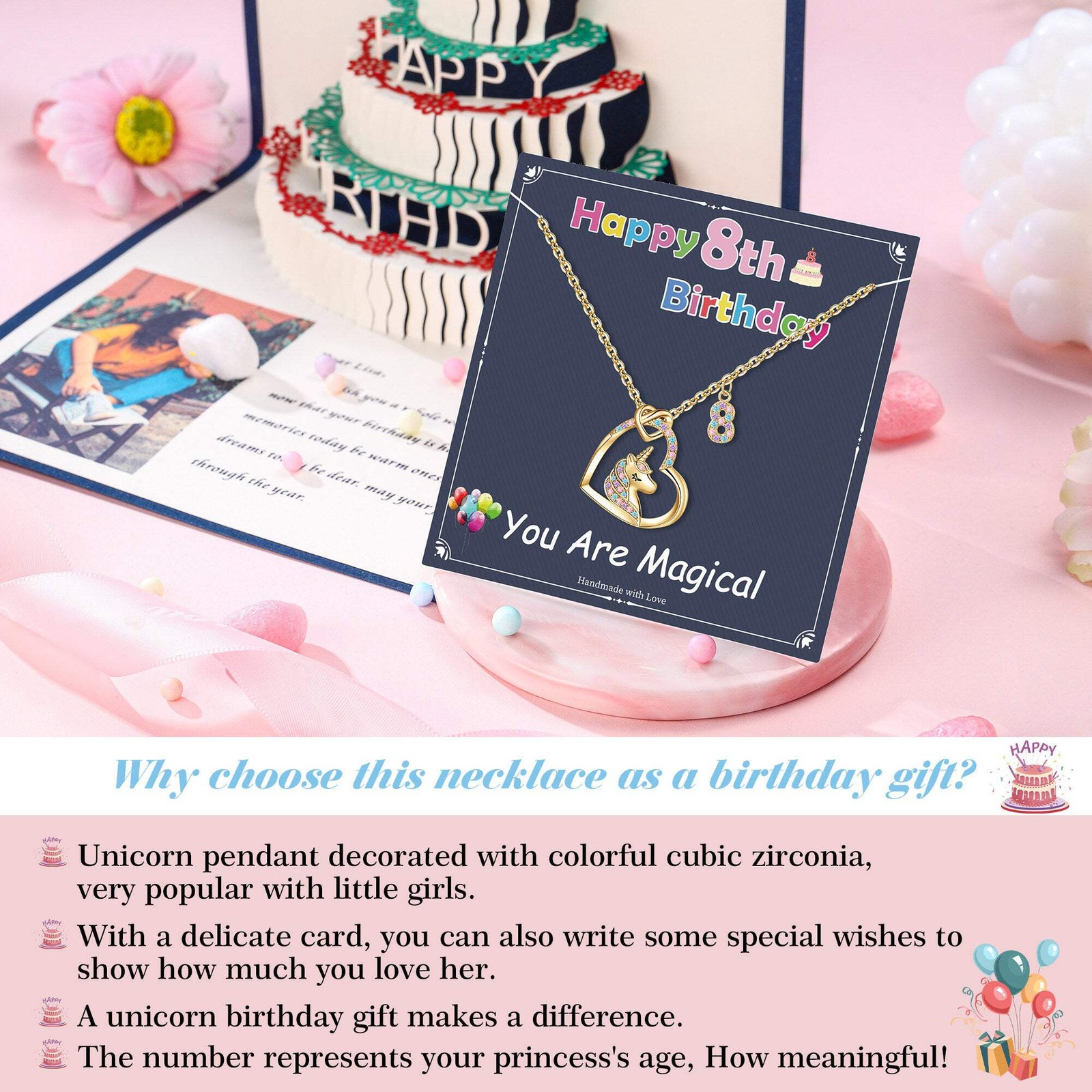 Turandoss Gold Heart Zircon Unicorn Necklace for Kids 3-8 Year Old, 18+2.5In