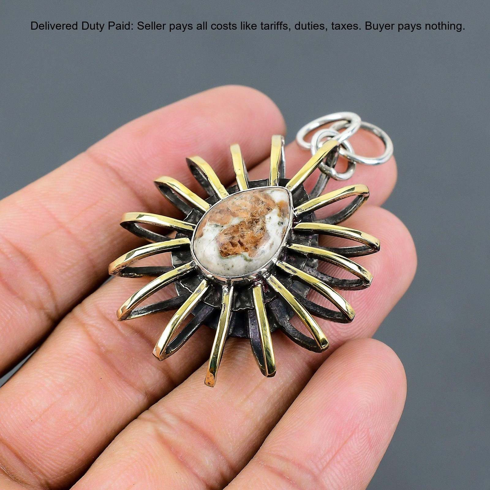 Spessartine Garnet in Limestone Gemstone 925 Silver Cage 18K Gold Plated Pendant