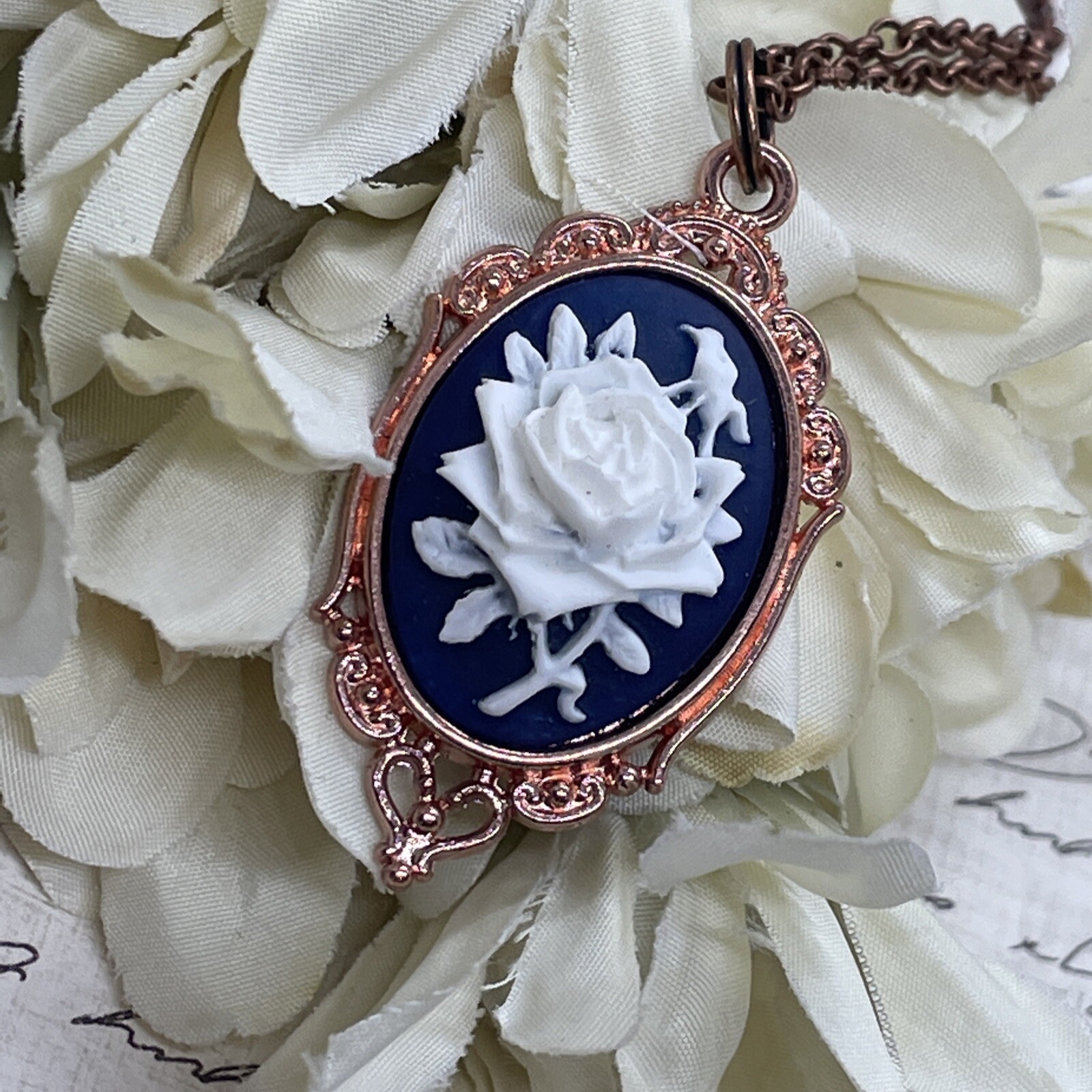 Rose Gold Navy Blue White Heart Wedding Jewelry Birthday necklace Cameo Gift