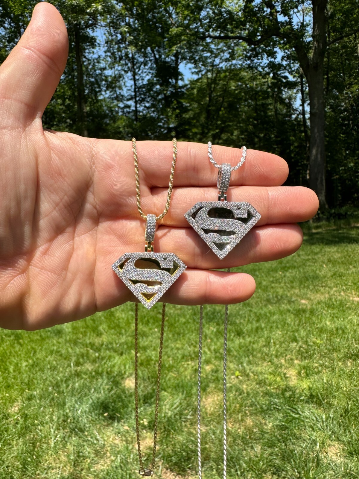 MOISSANITE Real 925 Silver/Gold Plated Iced SUPERMAN Logo Out Pendant Necklace