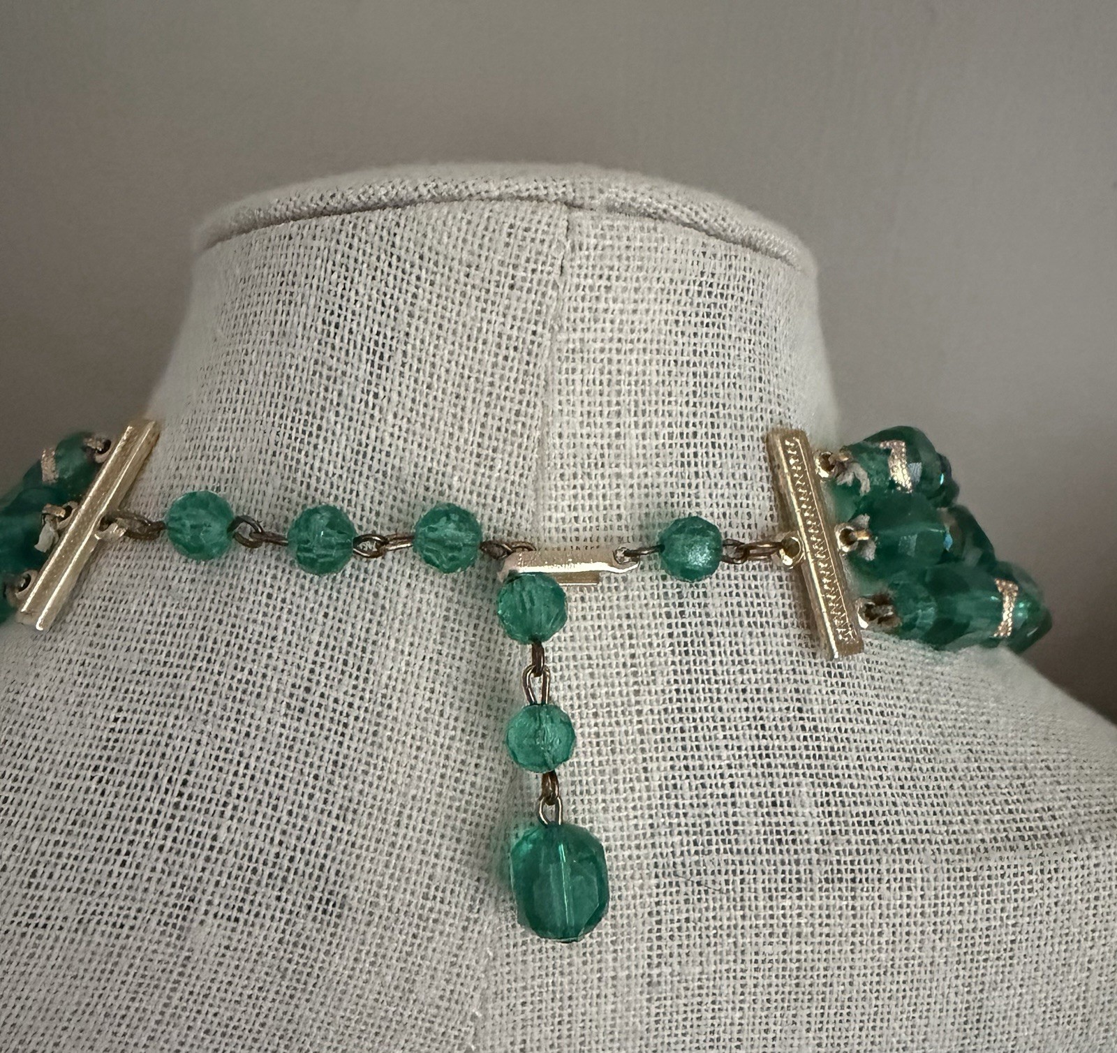 Hong Kong Vintage Vibrant Green Bead Triple Strand Necklace~Signed