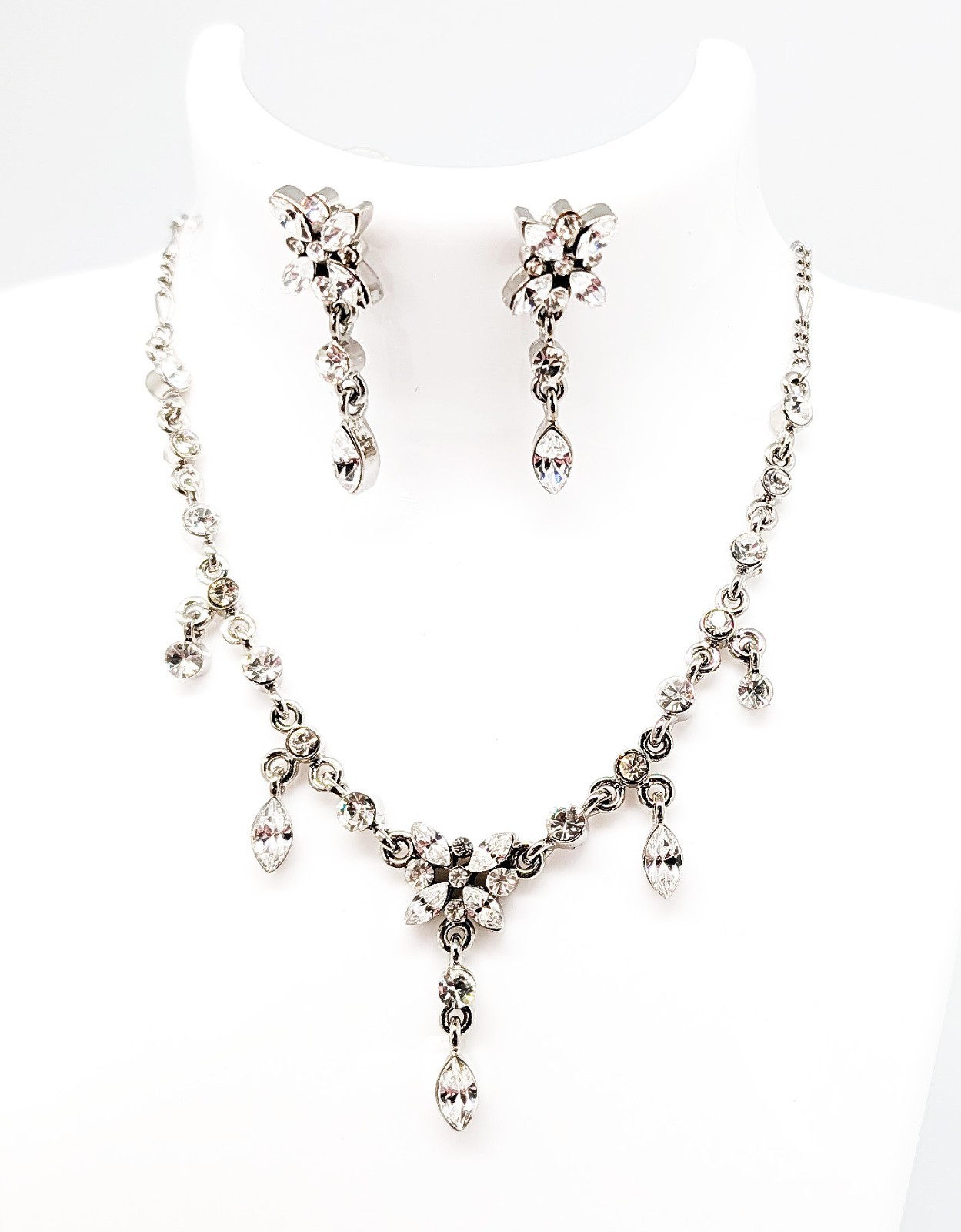DESIGNER INSPIRED 18 in GLEAR MARQUISE CRYSTAL SILVER VICTORIAN JEWELRY SET NEW