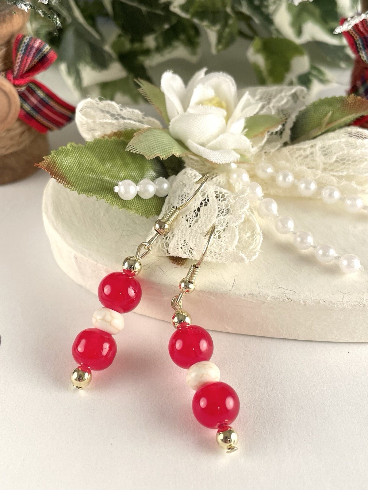 Red White Gold Earrings For Women Handmade Jewelry Artisan New