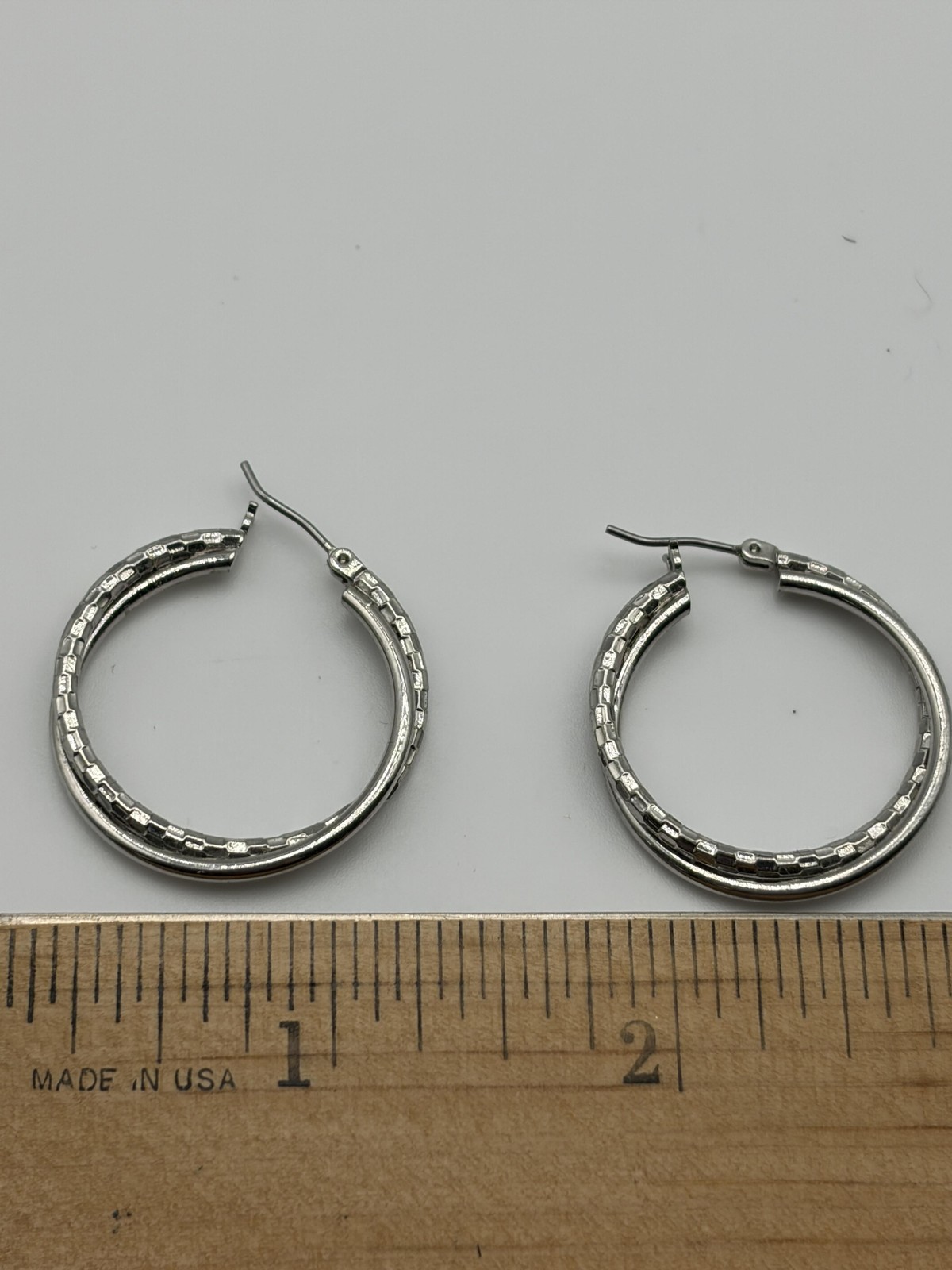 Silver Tone Double Hoop Earrings Women Medium Textured Diamond-Cut Latch Back