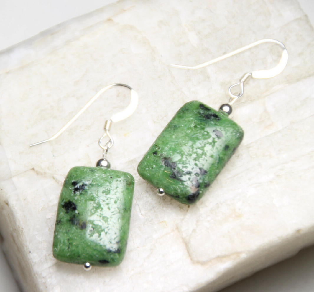 Ruby Zoisite Earrings Green 18mm Rectangle Gemstone .925 Sterling Silver 1.50″