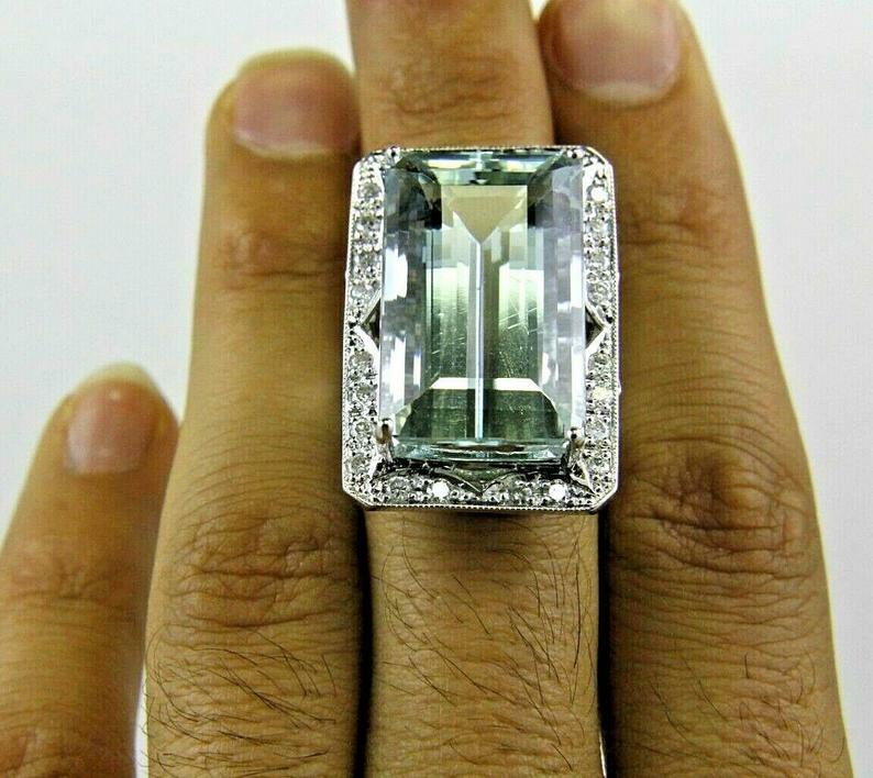 Halo 32.70CT Emerald Cut Aquamarine & Round CZ 935 Silver Women’s Solitaire Ring