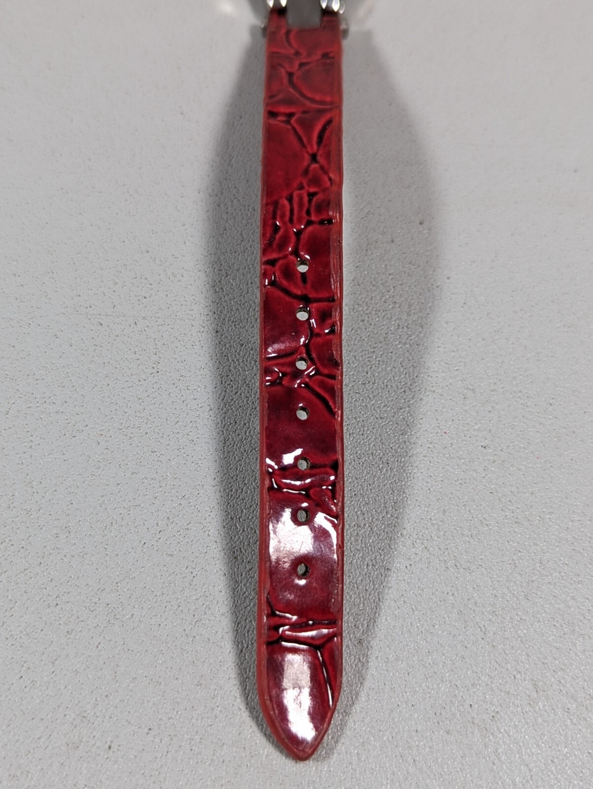 White Pearlized Dial Silver Tone Rectangle Case Red Leather Band Watch 7.25 In