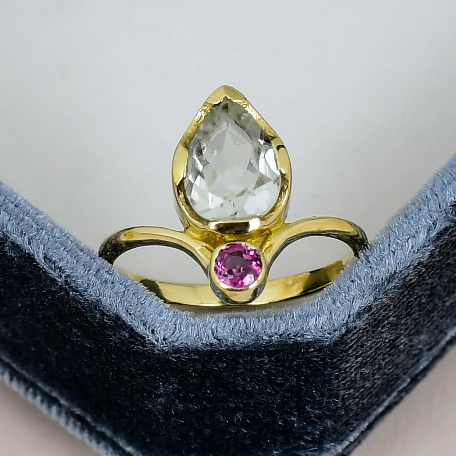 Green Amethyst Pear Ring 7x10mm Pink Sapphire Gold Ring Statement Gift for Her