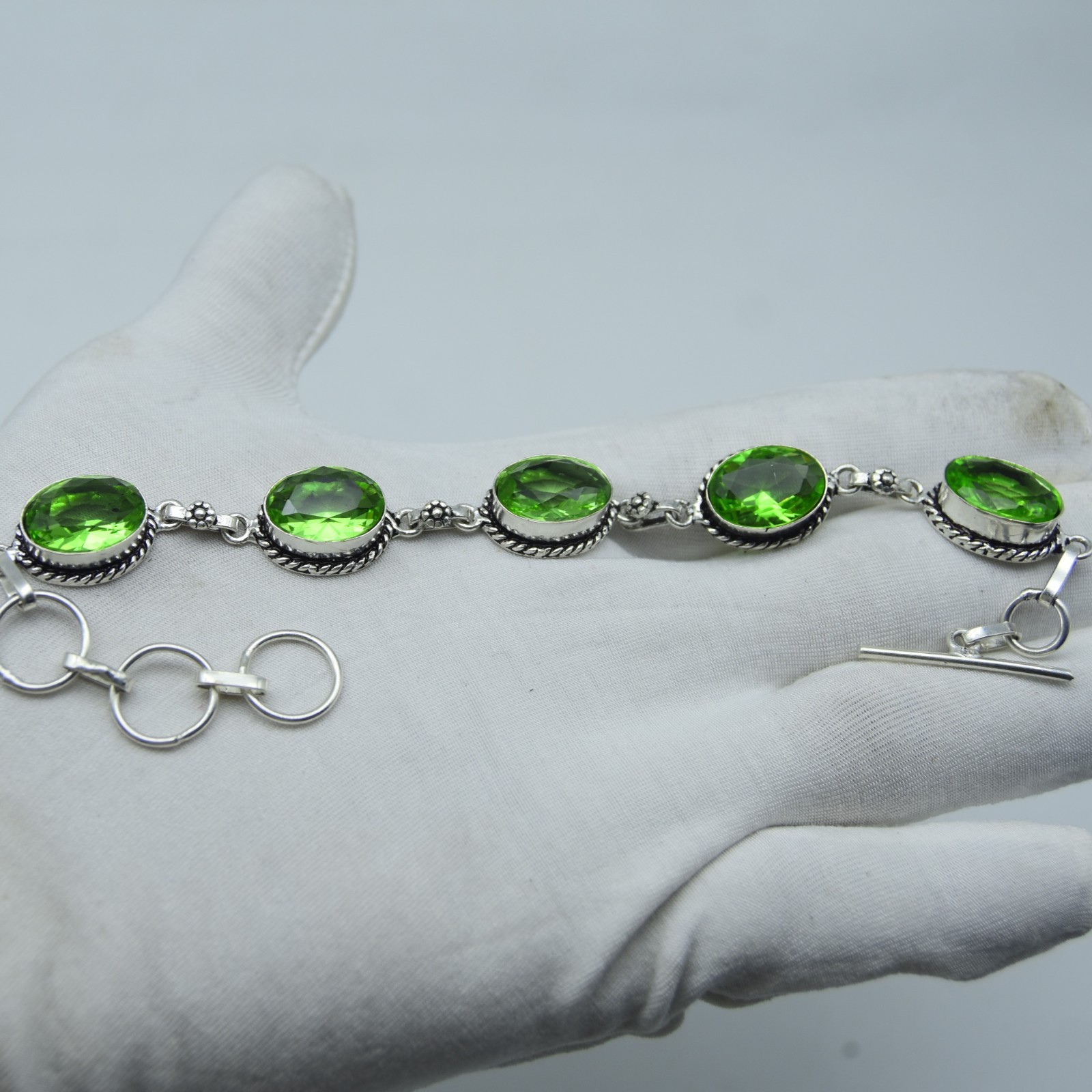 Green Peridot Gemstone Chain Bracelet 925 Sterling Silver Jewelry ADJ 8″