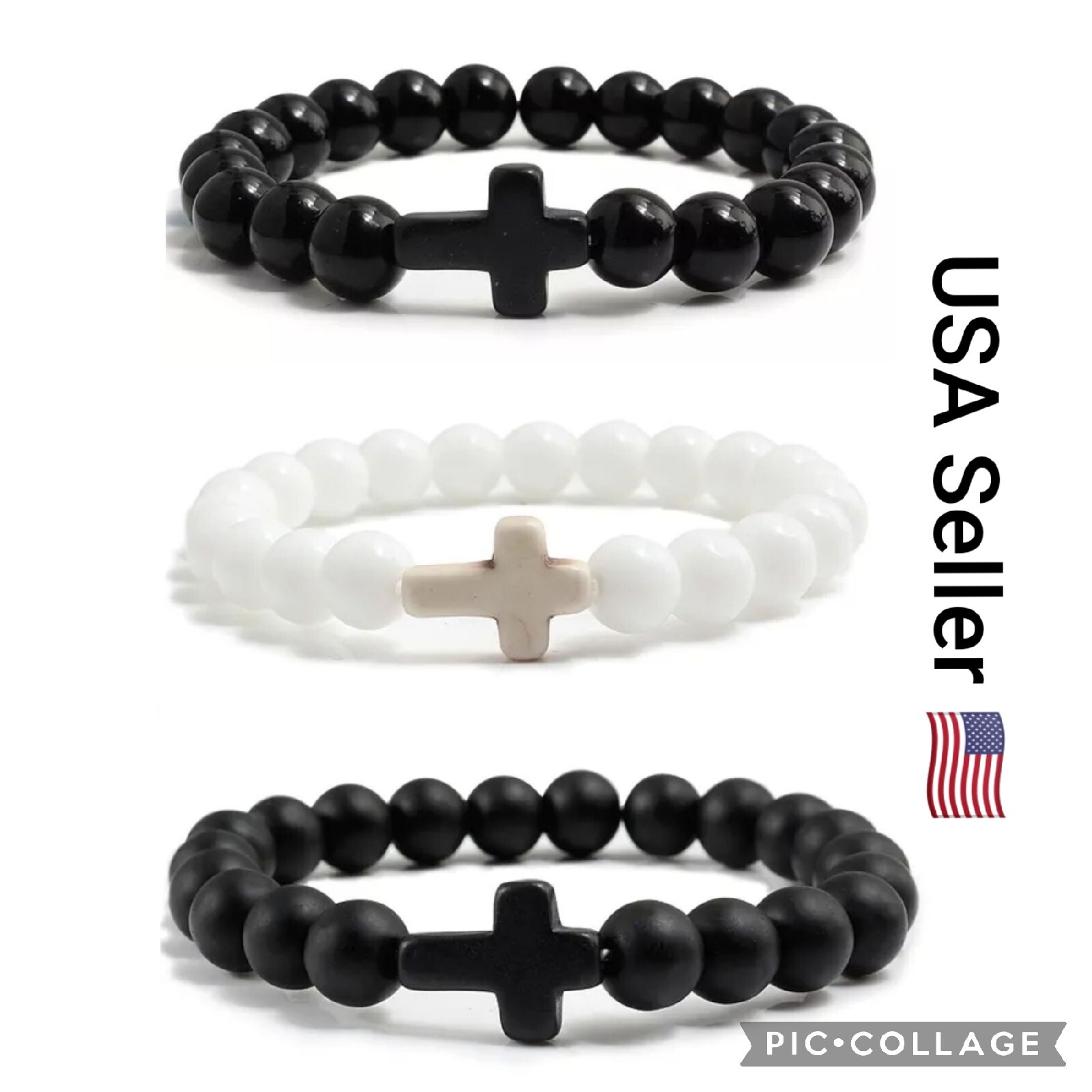 Charm Natural Stone Bracelet Cross Black Lava Matte Beaded Bracelets Handmade
