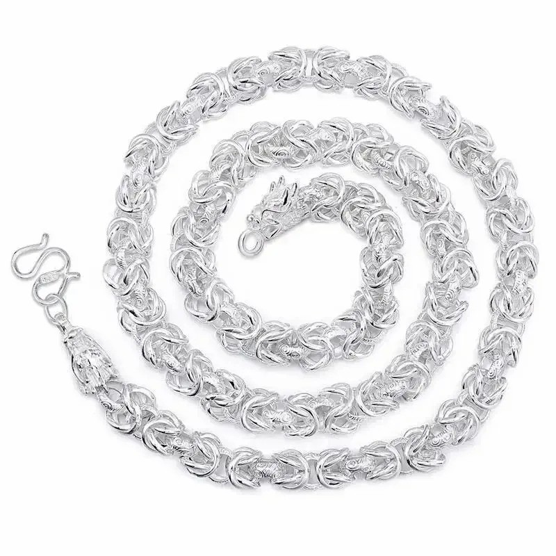 Sterling Silver Necklace For Men Classic 8mm Round Faucet Dragon 60cm Charm