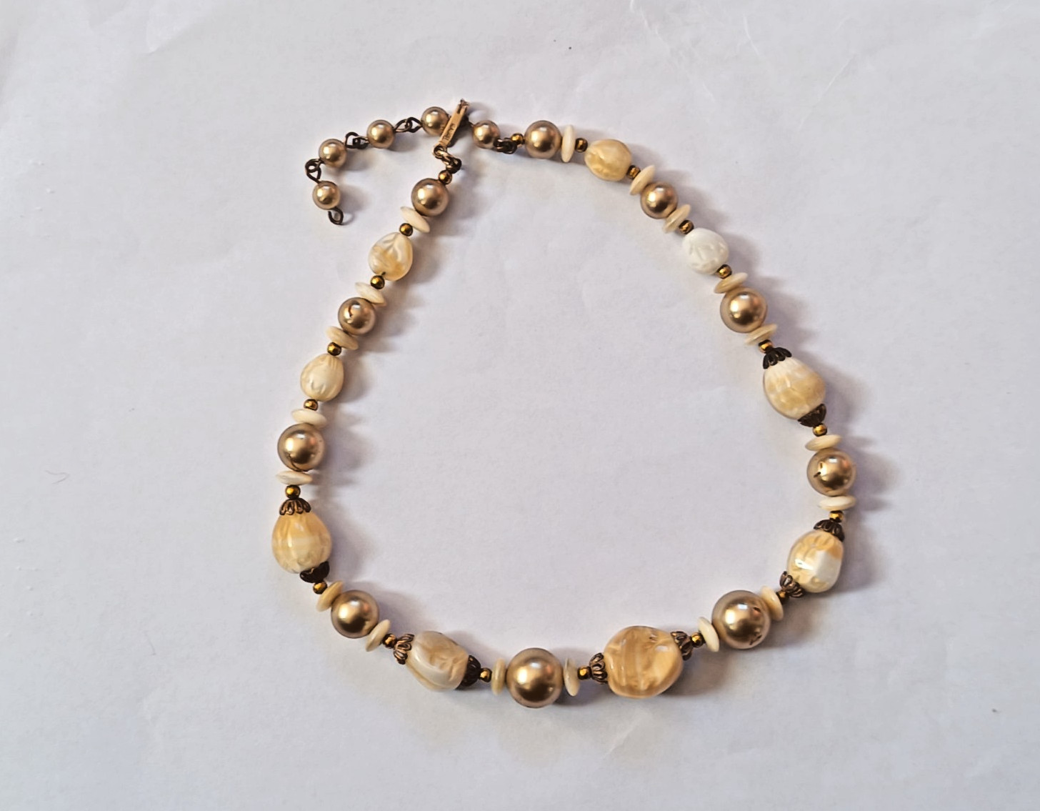 Trifari One Strand Faux Pearl & Goldtone Textured Ball Bead Necklace