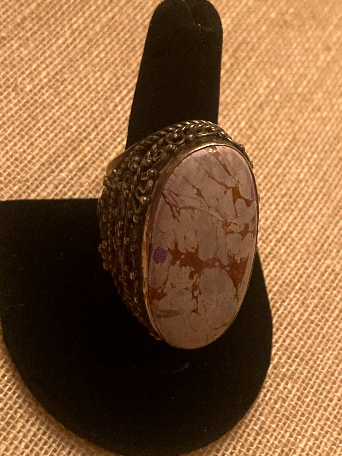 Vintage Etruscan Purple Brown Stone Ring Chunky Ornate Statement Size 9.5 READ