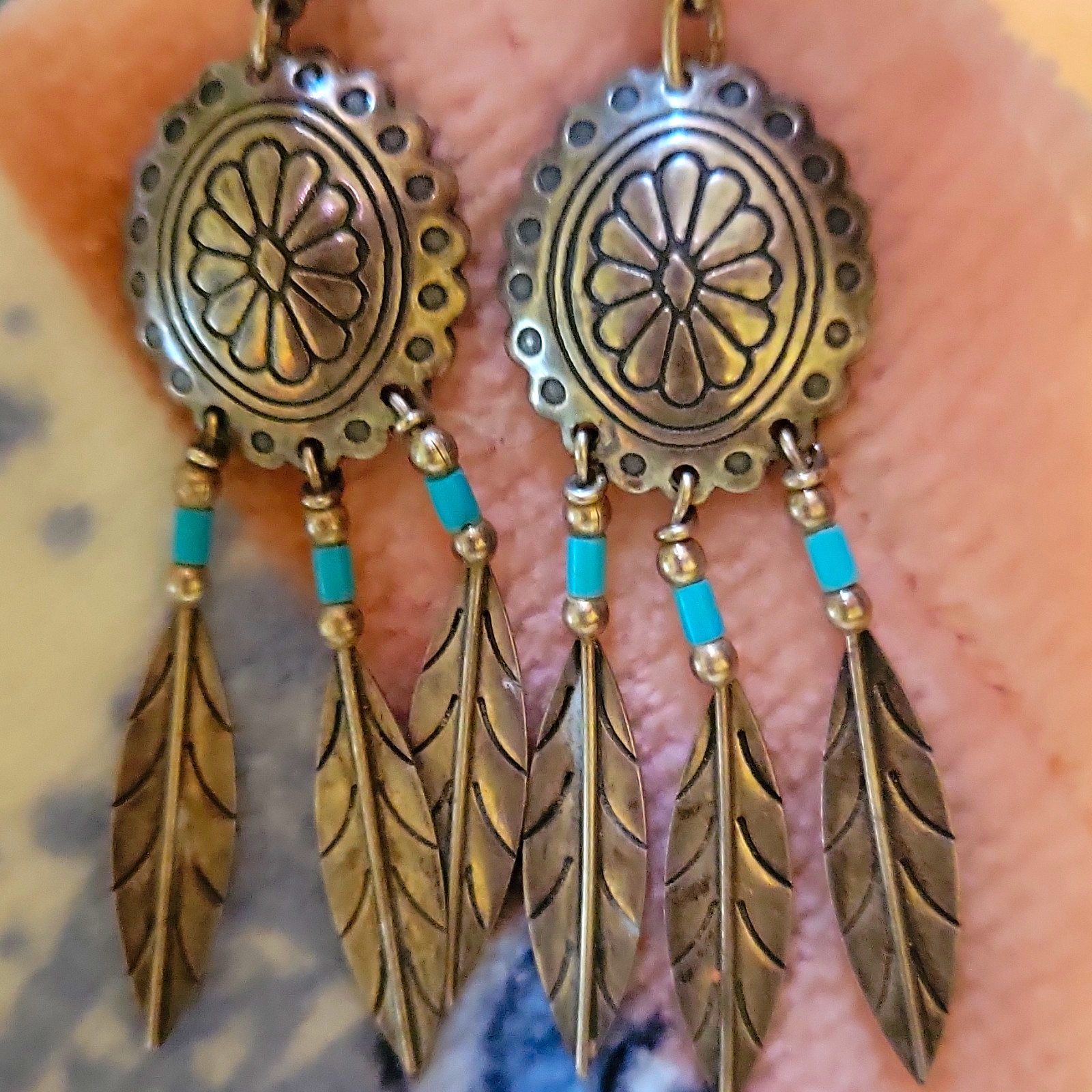 .925 Silver-Tone Metal Feather Dangle/Drop Earrings w/ Blue Beads,
