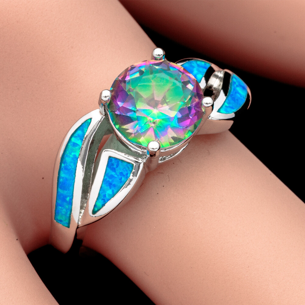 8mm Rainbow Mystic Topaz Blue Fire Opal Silver Jewelry Cocktail Ring Size 7 8 9