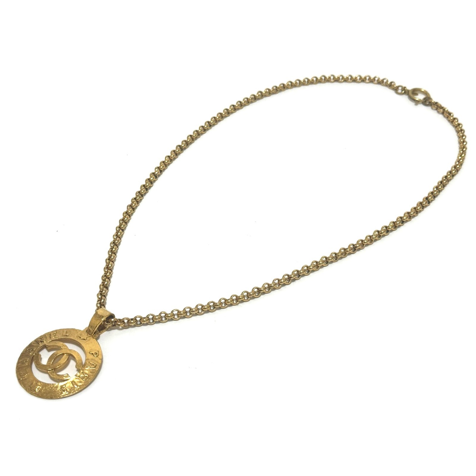 CHANEL 3027 COCO Mark CC Logo Round Necklace Gold Vintage Authentic JAPAN