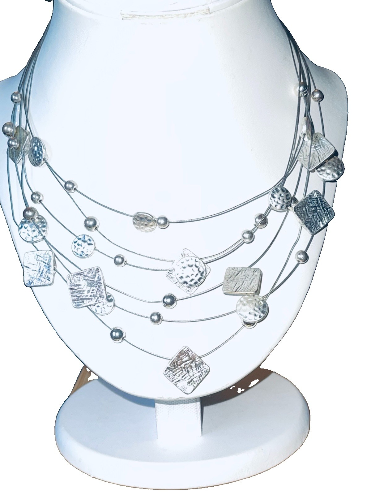 2 Necklaces Hammered Disc & Etch Squares Palladium Plated Wire Silver Tones