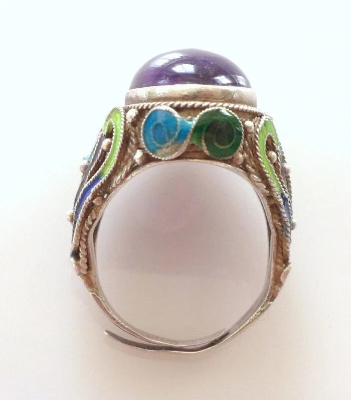 Vintage Chinese Silver Filigree Enamel Amethyst Bracelet Ring Set Jewelry