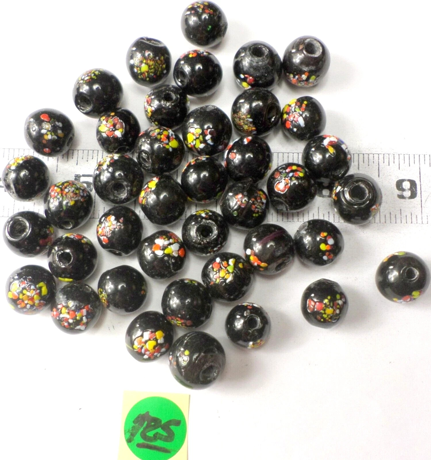 40 Yellow Red /Black Round Confetti Mosaic Glass Lampwork Beads w/4mm Hole 15mm
