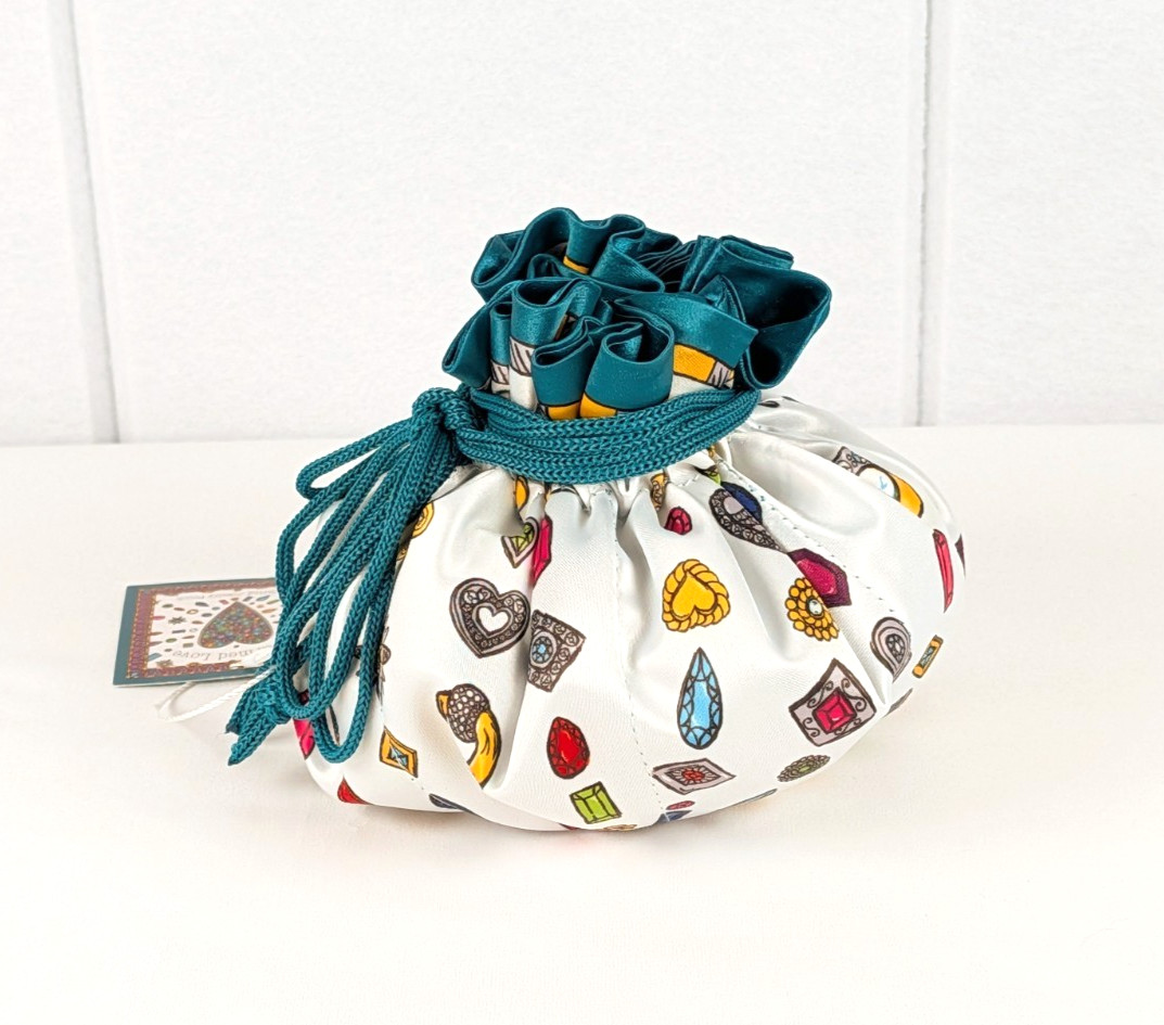 BRIGHTON “Charmed Love” Draw-String Jewelry Pouch Teal White Satin w/Jewels NEW