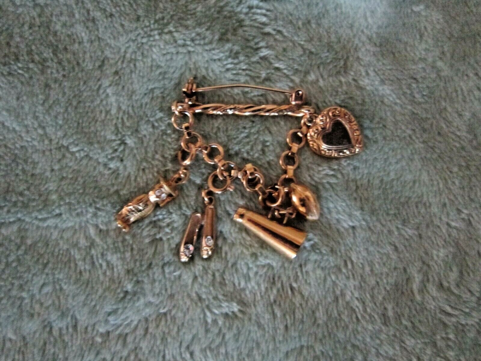 Gold Tone Pin Brooch With Hanging Charms Football Horn Hart Owel Shoes Beautiful