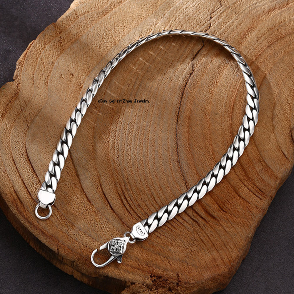 Pure S925 Sterling Silver Chain Vajra 5mm Smooth Curb Link Bracelet 7.1-7.9inch