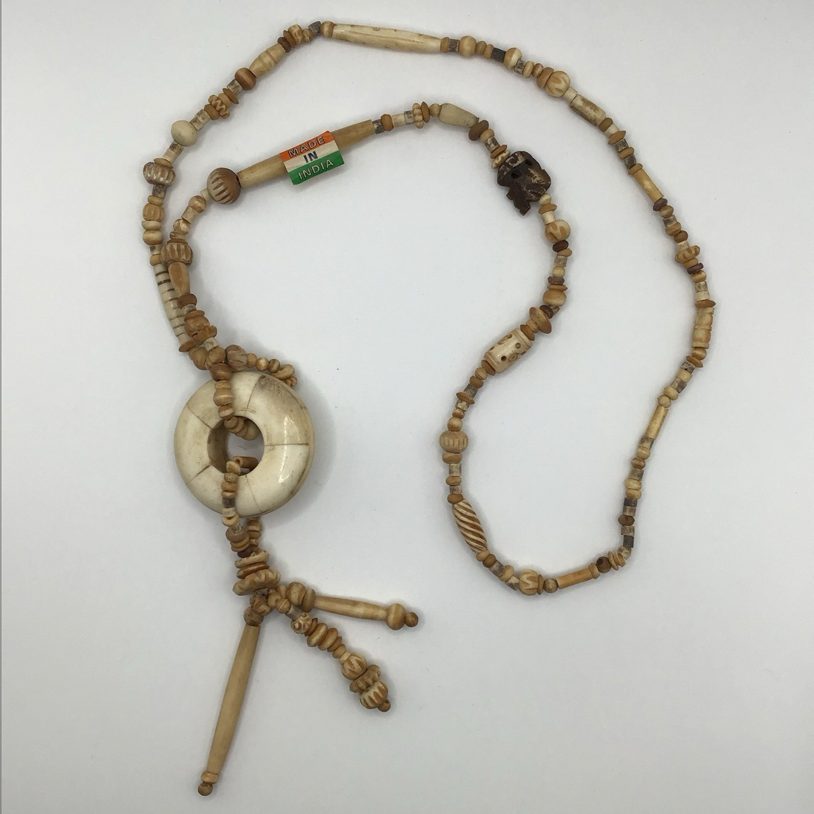 Vintage New Old Stock Natural Carved Tribal Necklace~Made In India~32″