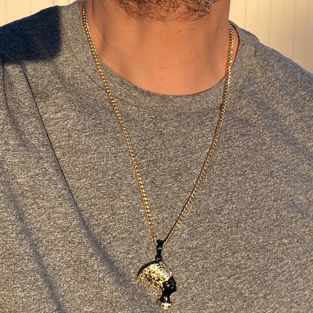 Queen Nefertiti Head Black and Gold Plated Pendant Cuban Link Chain Necklace 24″