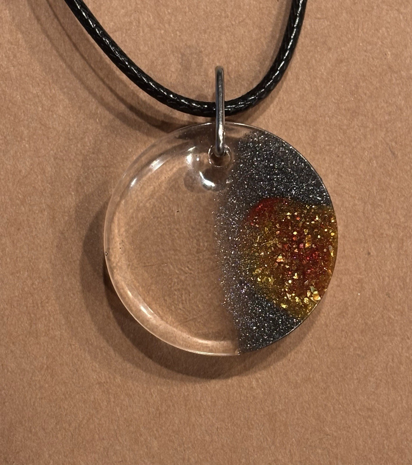 Handmade Resin Pendant Clear Black Red Gold Sparkle Minimalist Boho Art Jewelry