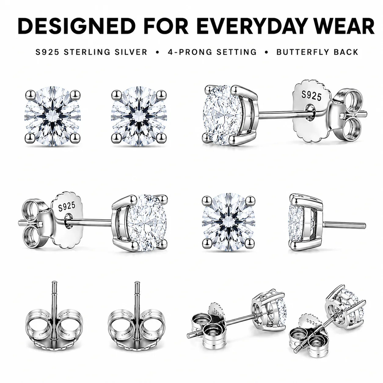 Flawless Diamond Stud Earrings, 925 Sterling Silver, 0.5ct, 1ct, 2ct