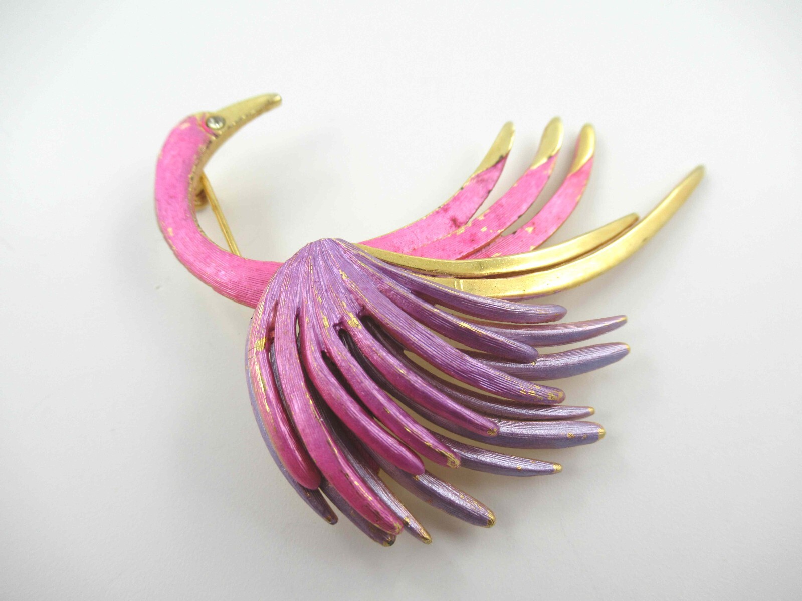 Signed Park Lane Vintage Pink Bird of Paradise Enamel on Gold Tone Brooch Pin