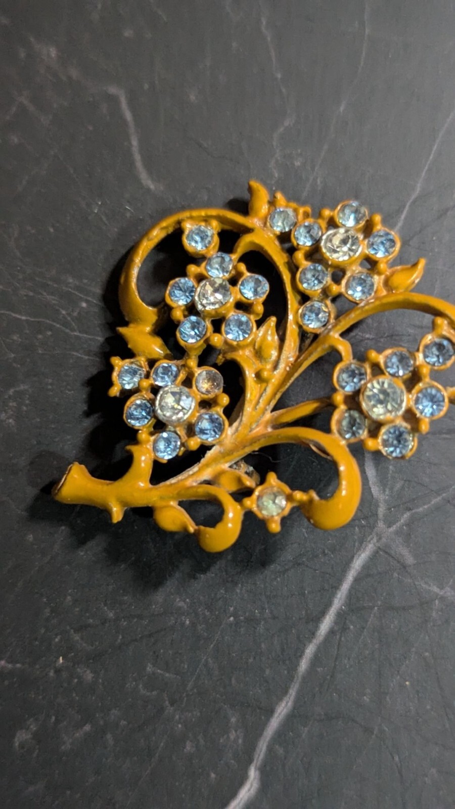Vintage Mustard Yellow Enamel Blue Rhinestone Flower Brooch Pin 2 Inch Floral
