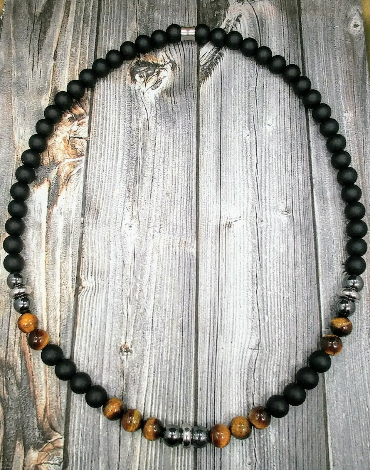 24″L STAINLESS STEEL 10mm Tigers Eye+Onyx+Hematite Gemstone Beaded Mens Necklace