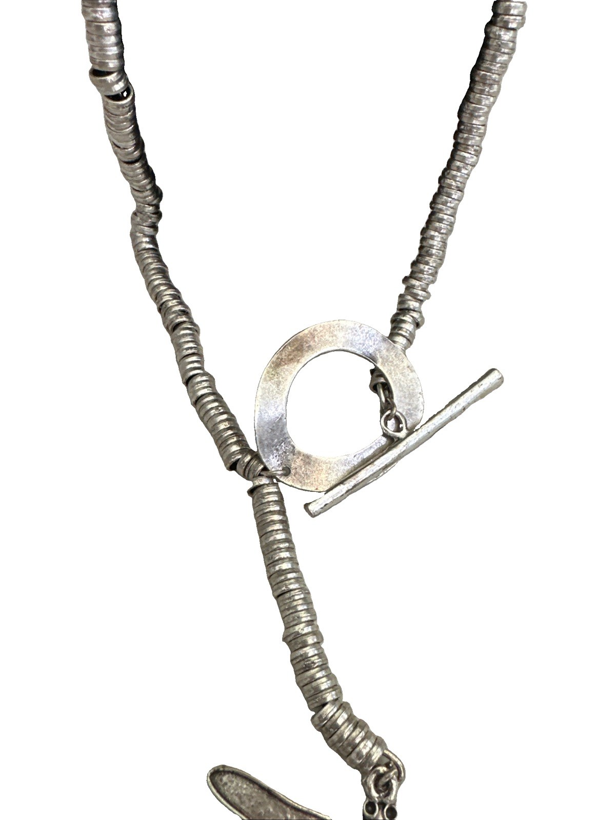 Artisan DRAGON FLY Pendent Necklace Circle Toggle 36” Silver Toned Pewter