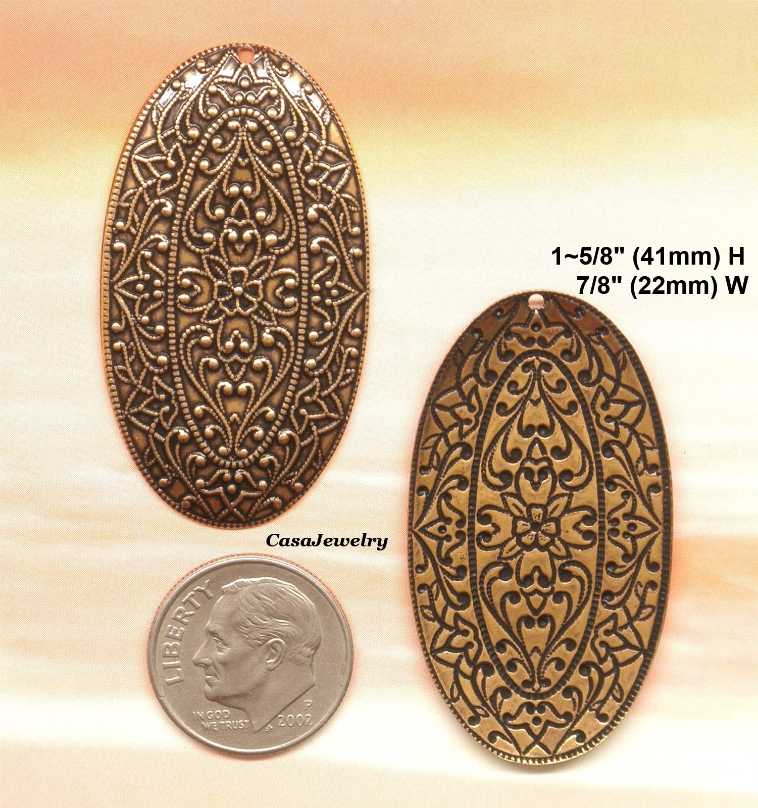 #0165 ANTIQUED GOLD OVAL FILIGREE W/TOP HANG HOLE – 4 Pc Lot