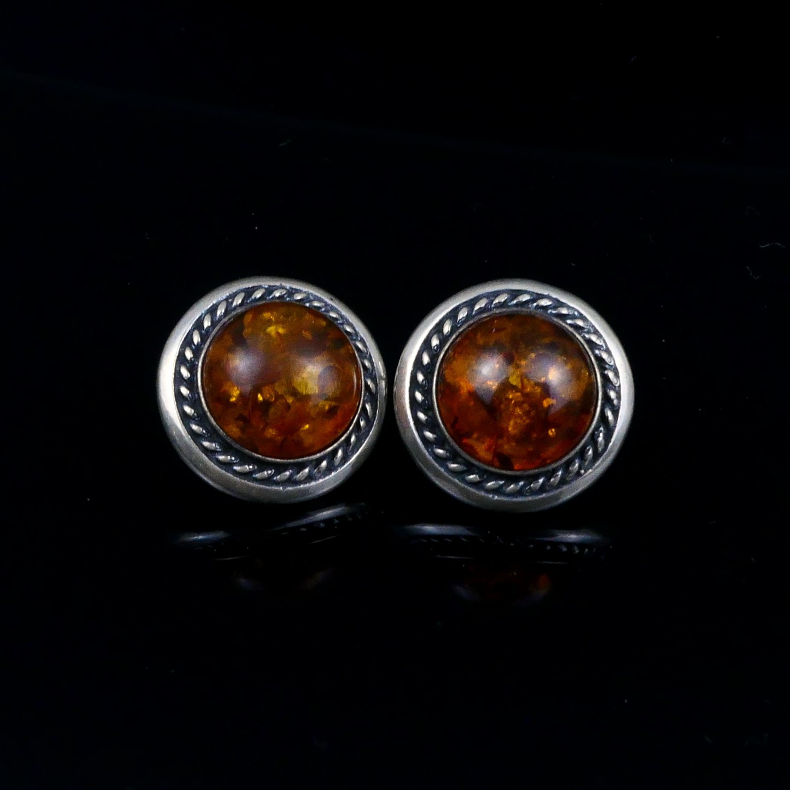 Baltic Amber 925 Silver Stud Earrings Vintage Round Ø1.5cm