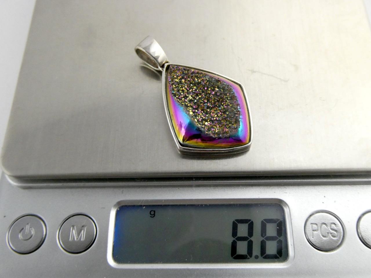JH Sterling Silver Druzy Aura Quartz Pendant 925 1.5 Inch Length 8.8 Grams