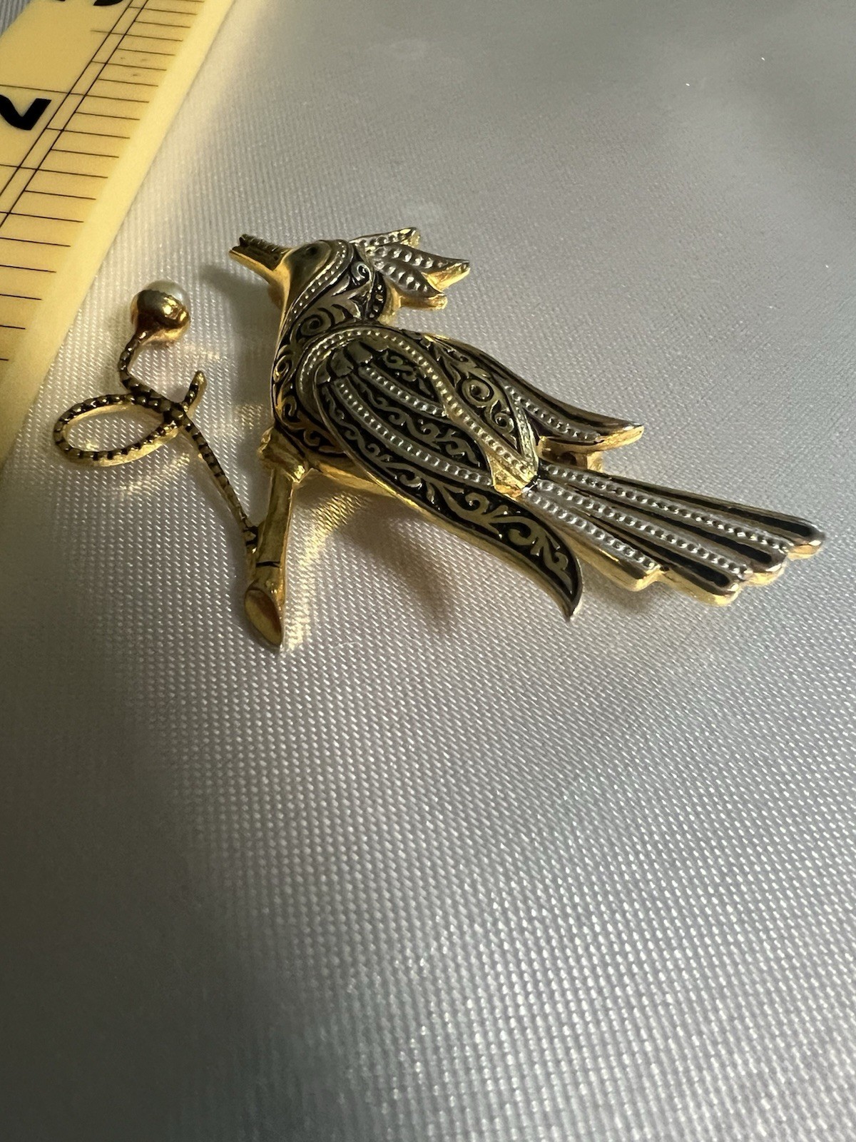 Mid Century Toledoware Gold Tone Bird Brooch Signed Spain Vintage Jewelry 2″