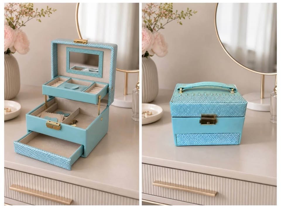 Turquoise Jewelry Box Faux Snakeskin Mirror Drawer Ring Storage Gold Hardware