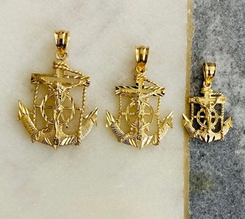 14K SOLID GOLD ANCHOR MARINER CROSS PENDANT, JESUS CHRIST CRUCIFIX – PT1226