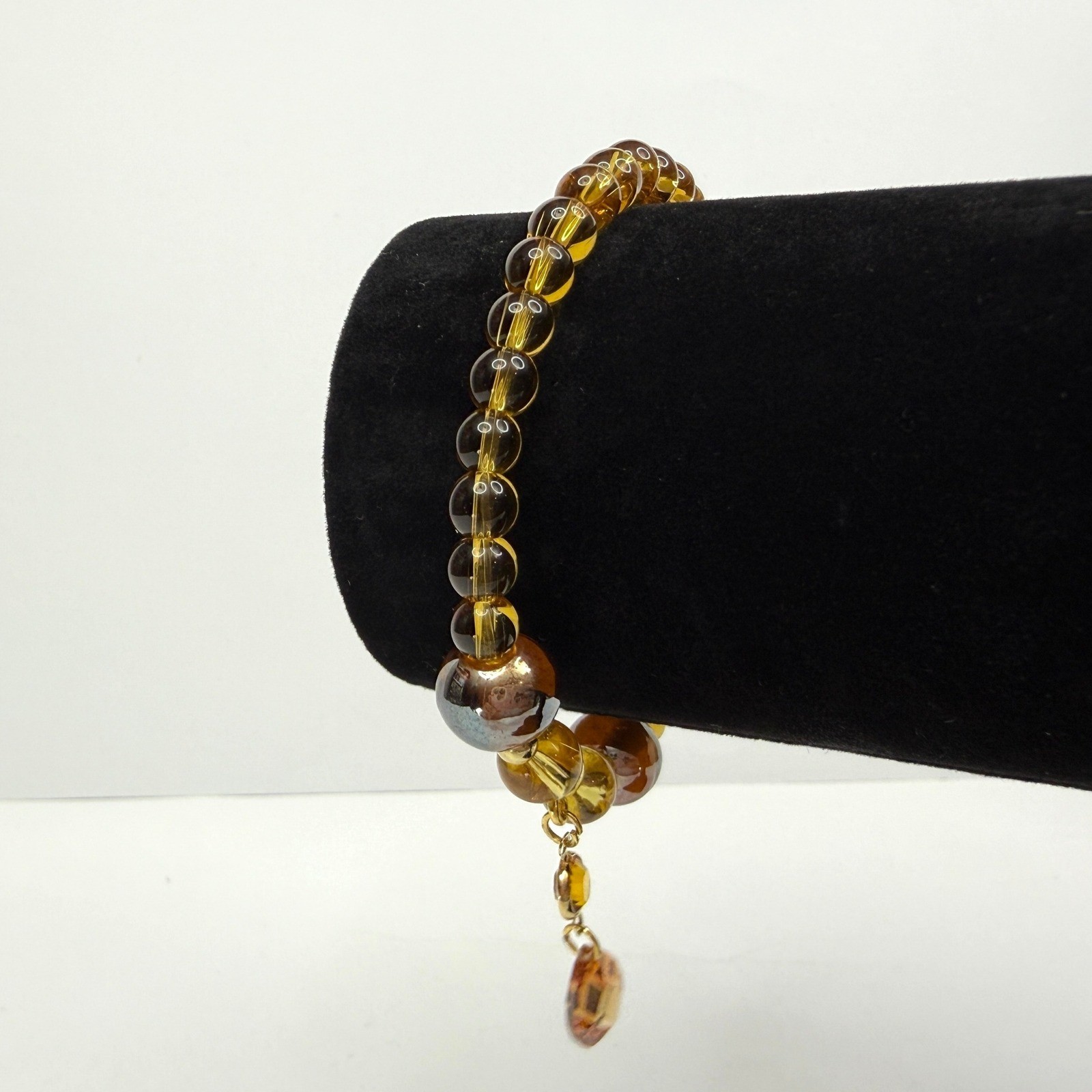 Amber Glass Beaded Crystal Charm Bracelet Faceted Teardrop Stretch Band Jewelry