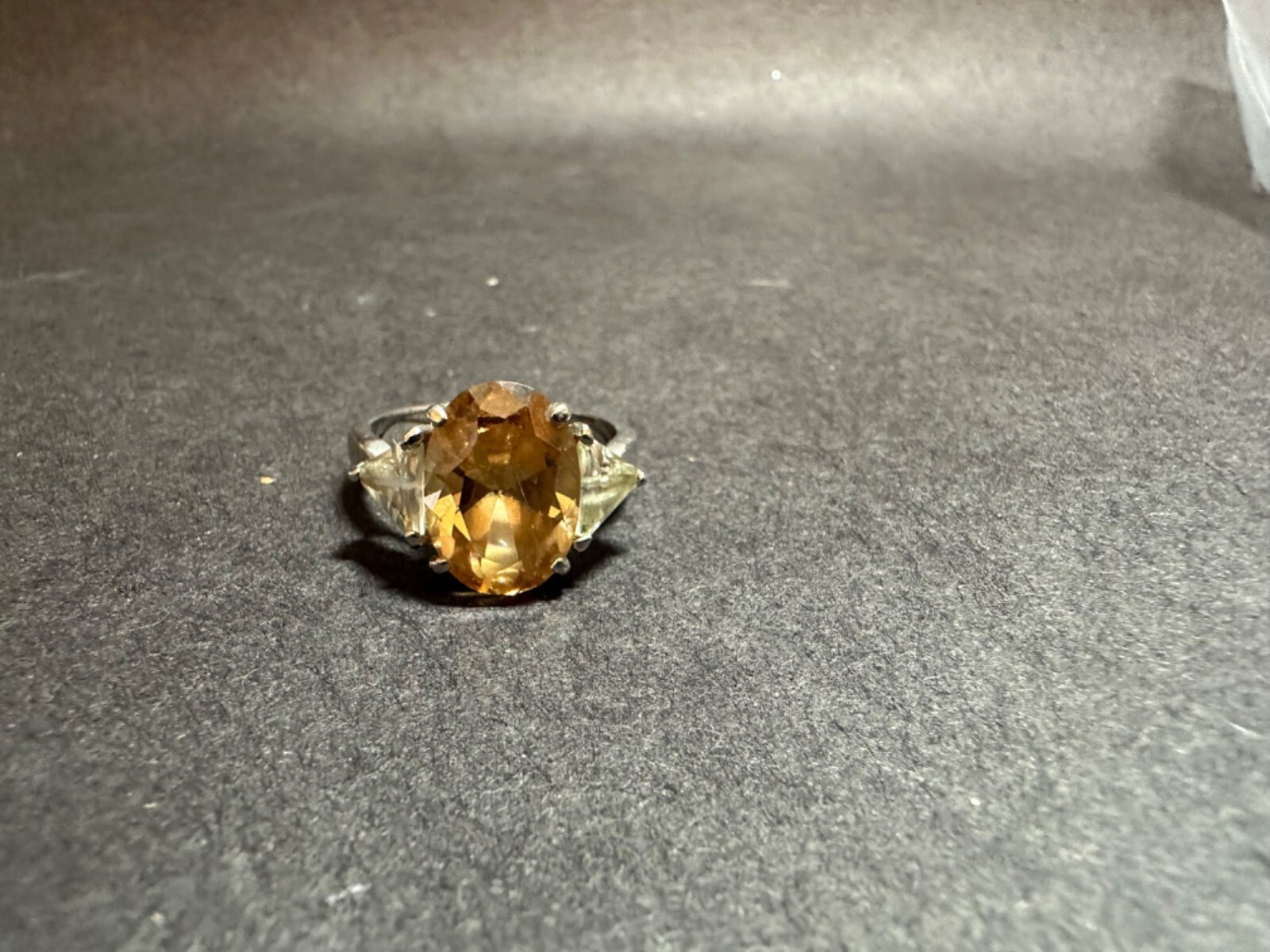 Faux Oval Yellow Citrine & Clear Trillion CZ Ring Size 9 Silvertone