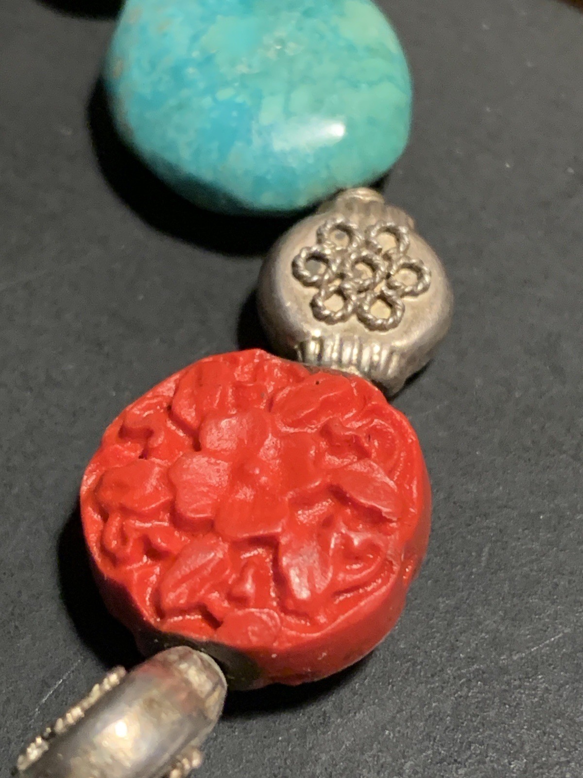 Turquoise & Carved Coral or Red Colored Bead Bracelet