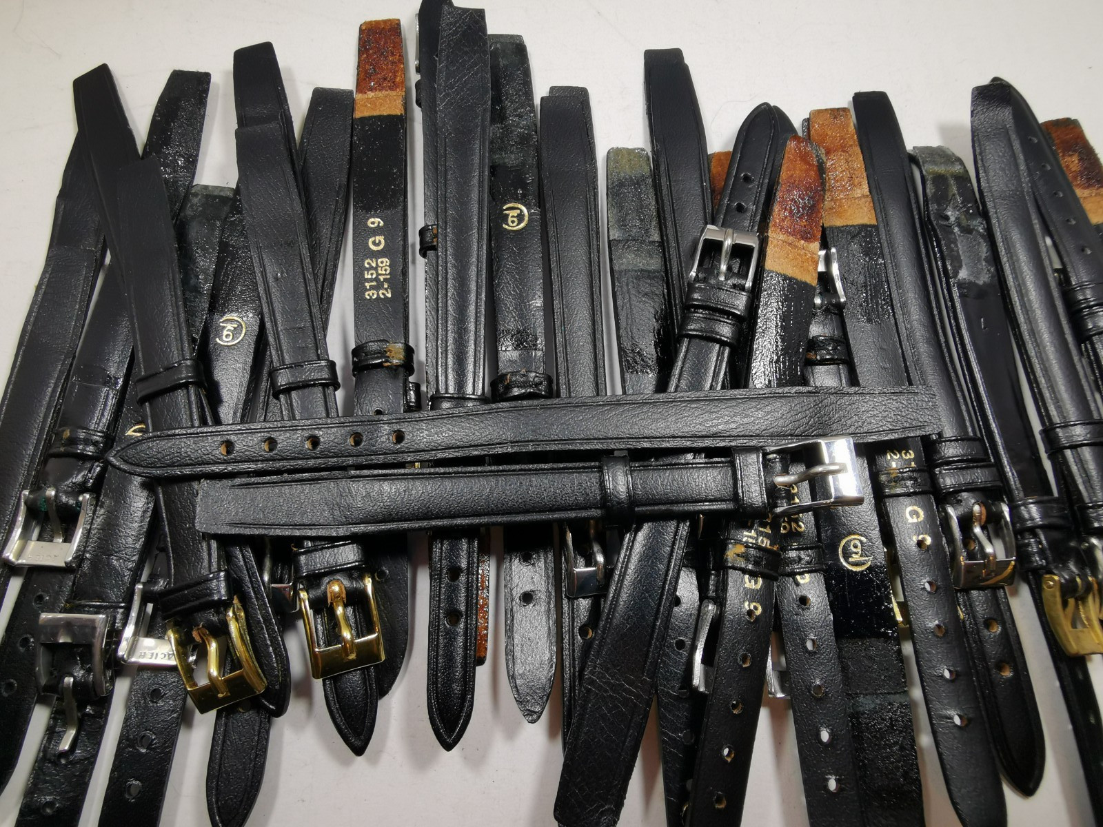 Lot 20 x Vintage Watch Straps Black Leather Open-Ended Glue-On 9mm G9 NOS